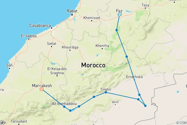 Carte illustrant un itinéraire (Marrakech – Fès – Sahara – Essaouira).